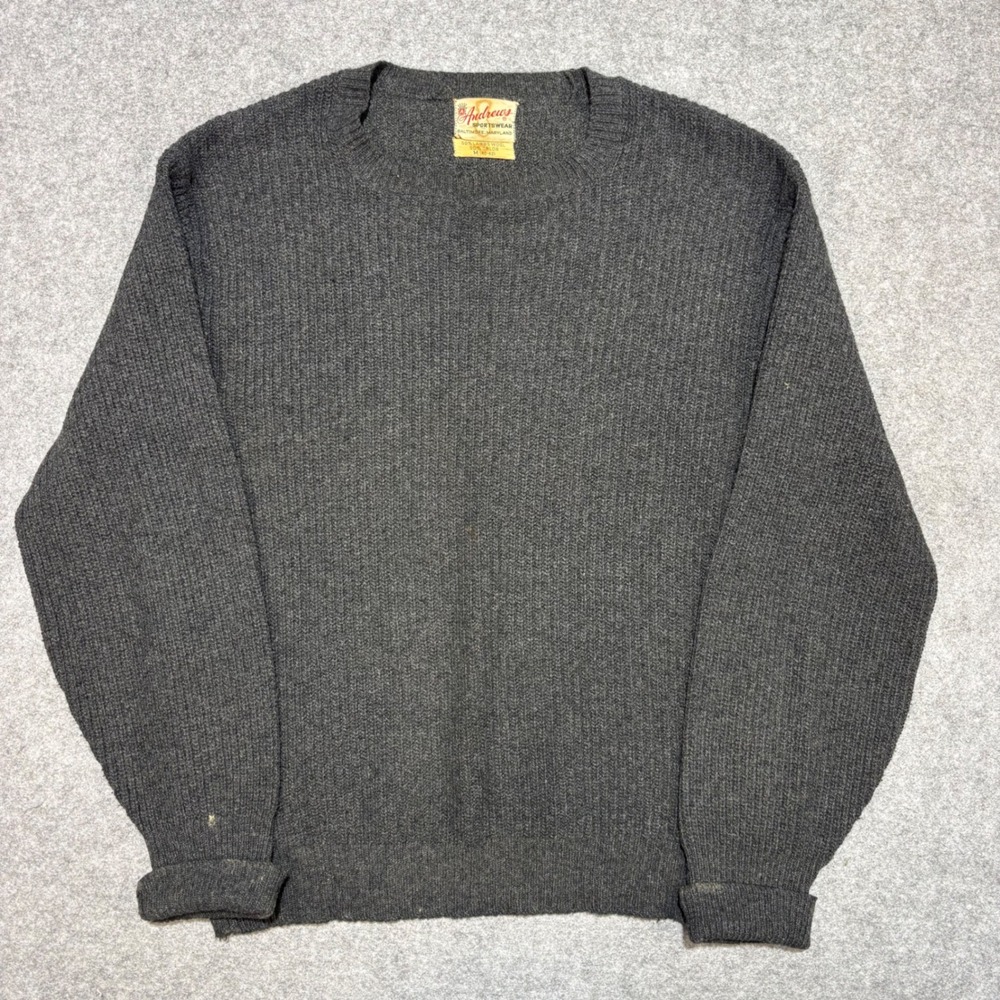 Vintage Andrews Sportswear Mens Gray Lambswool Blend Ribbed Crewneck Sweater M